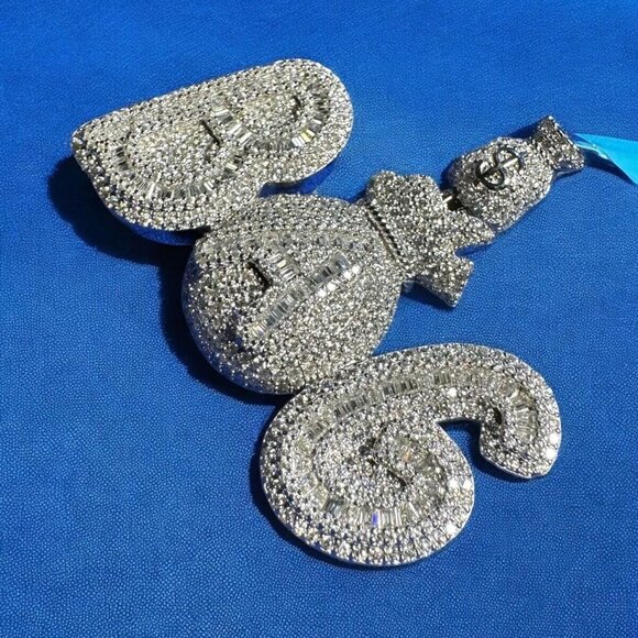 Sterling Silver Moissanite diamond Money Bag Iced out Pendant Mens piece - Picture 4 of 4